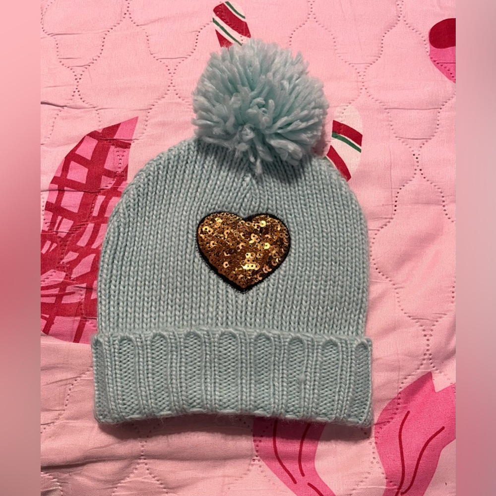 Kids Light Blue Knit Beanie with Gold Heart